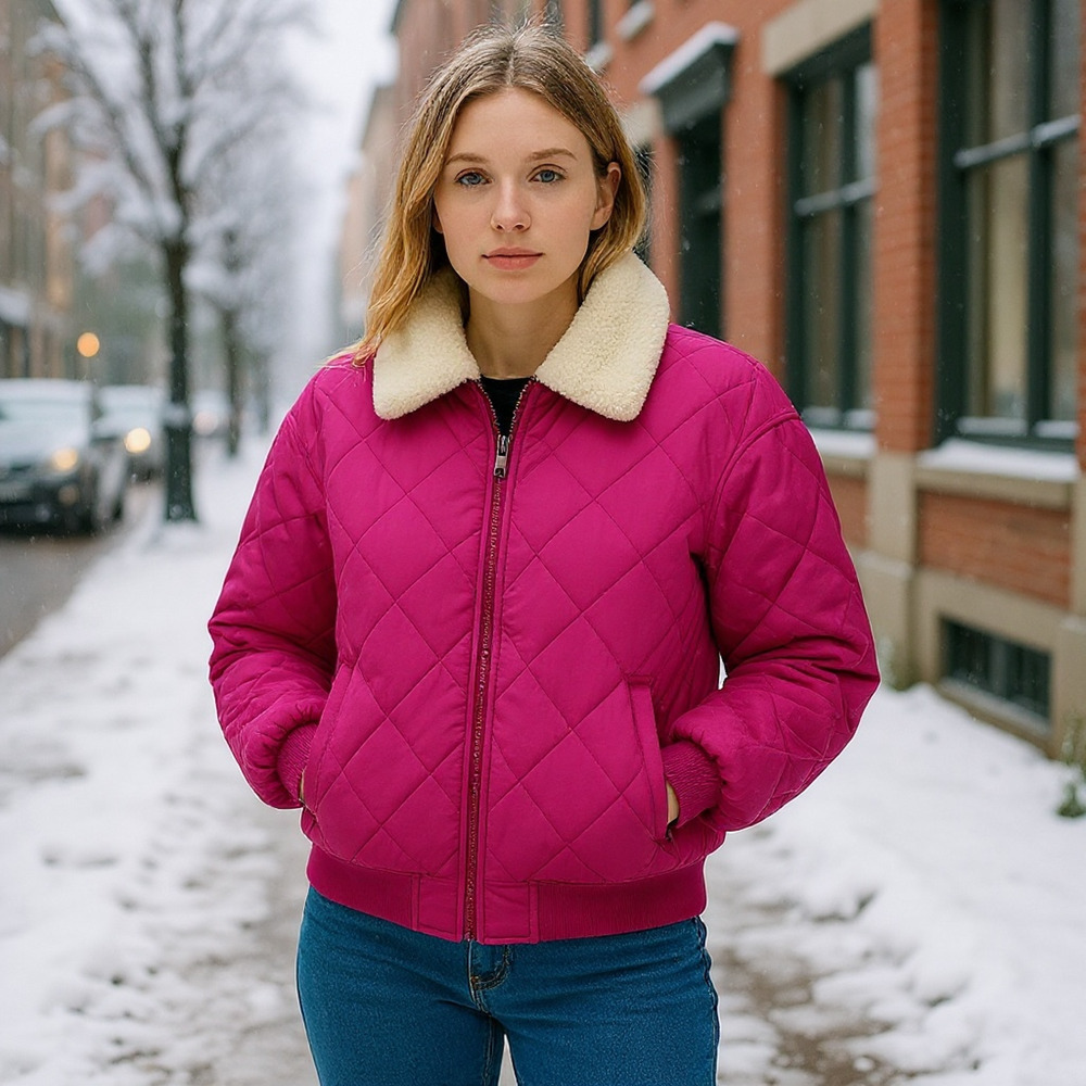 Thread & Supply Faux Shearling Collar Dad Jacket Verry Berry Hot Pink Women's XS
